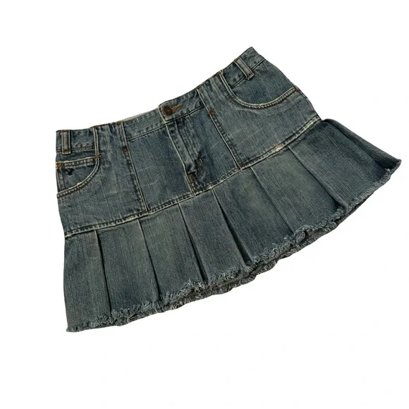 Y2k American Eagle Distressed Micro Denim Pleated Mini Skirt Fringe Hem, Sz 6 - Picture 6 of 14